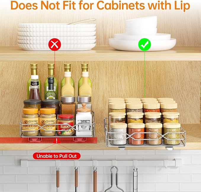 Pull Out Spice Rack Organizer for Cabinet, Chrome, 8.5"W x 10.5"D x 2.5"H | Slide Out Design, No Drill Asembly, Fits Spices, Bottles & Jars, Ideal For Narrow Kitchen Cabinets & Pantry