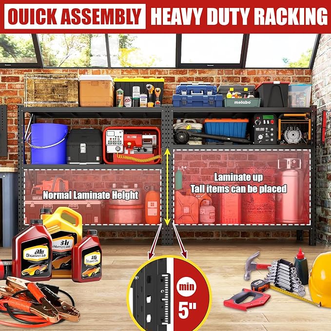 67” W Storage Shelves Heavy Duty 5000Lbs Adjustable Metal Garage Shelving Unit Rack Metal Storage Shelf for Heavy Tools and Equipment, Ideal for Garage, Basement, Black, 67" W X 20" D X 63" H