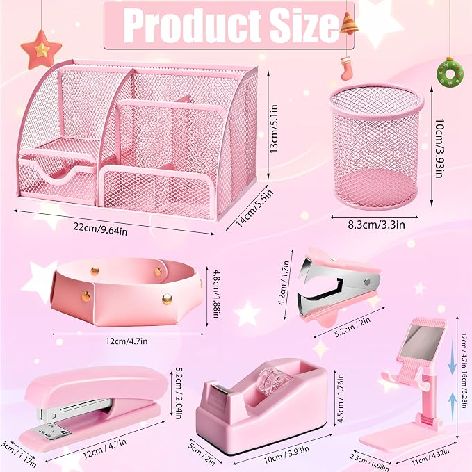 Pink Desk Accessories, 24Pcs Pink Office Supplies and Desk Organizers, with Tape Dispenser, Stapler, Staple Remover, Ect, Gift Box Packaging