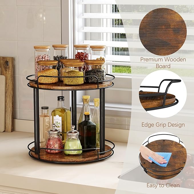 LAMU 12'' Wood Lazy Susan Turntable Organizer for Cabinet, 2 Tier Lazy Susan Spice Rack Organizer for Kitchen, Table Top, Countertop, Pantry, Bathroom