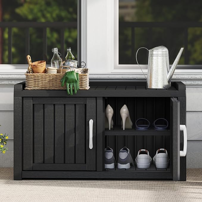 Outdoor Shoe Storage Cabinet, Waterproof UV-Resistant Entryway Storage Bench Indoor Outdoor with 2 Barn Doors, Adjustable Shelves for Entryway, Bedroom, Hallway,Living Room(Classic Black)