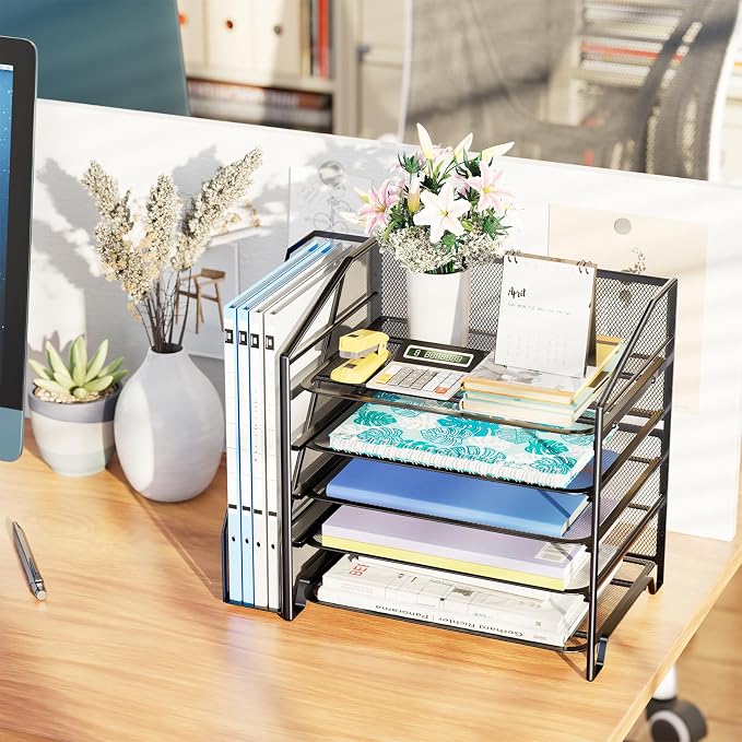 Simple Trending 5-Tier Desk File Organizer, Paper Organizer, Black | Adjustable Letter Trays, Side File Shelf，Durable Steel Mesh, Space Saving, for Home Office, 15.4"L x 9"W x 13"H