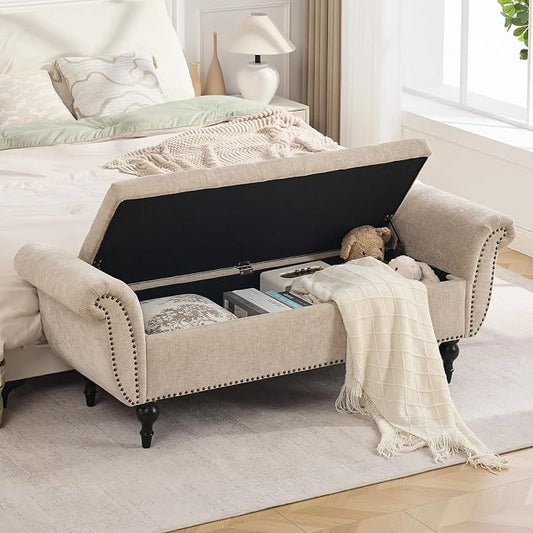 63.8" Storage Bench for Bedroom End of Bed Ottoman Chenille Light Brown | Ultra-soft Breathable Chenille Fabric Upholstered Ottoman Footrest with Rolled Arms for Bedroom Living Room Holds 700lb