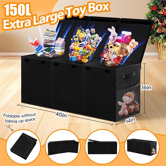 Large Toy Storage Box with Lid, Dividers, Collapsible Kids Toy Chest, Black | Toy Box for Boys, Girls, Nursery, Bedroom, Living Room, Playroom, 40X14X16 inches