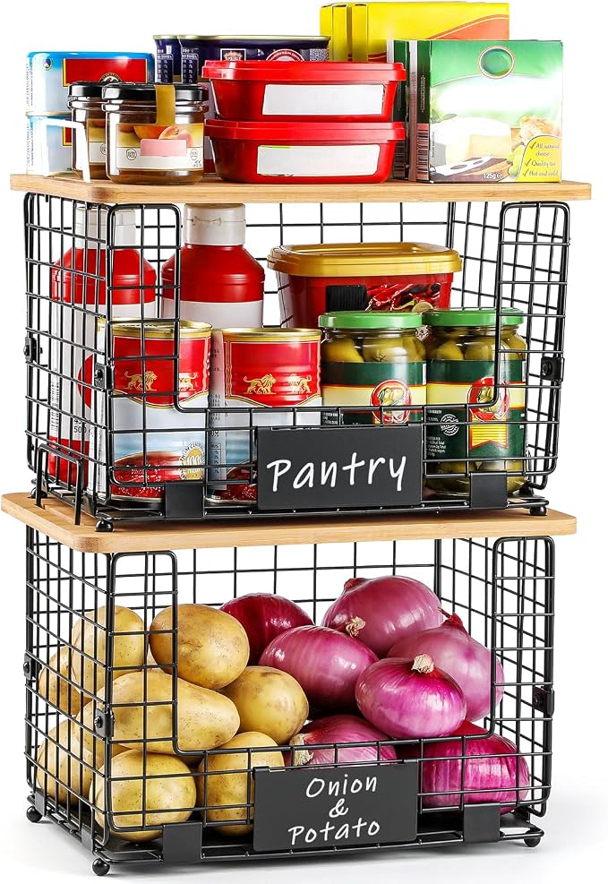 2 Set XL Stackable Wire Basket with Bamboo Tops & Tags- Pantry Organizer and Storage Bins, Kitchen Counter Cabinet Shelf Countertop Under Sink Organizing, Food Snack Produce Onion Potato Bread Storage