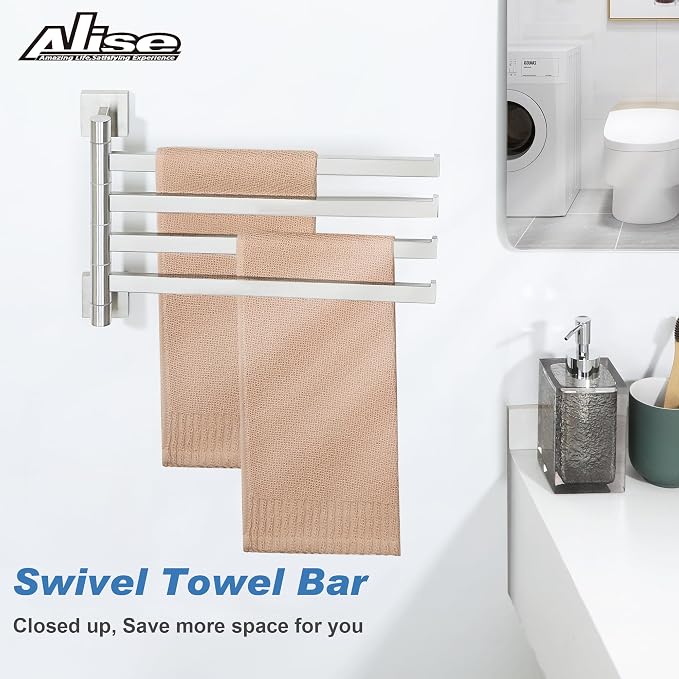Alise 4 Arm Swivel Towel Rack, Swivel Towel Bar Brushed Nickel, 13.6 Inch | Space Saving Swing Arm Towel Rack for Bathroom Kitchen Outdoor, 180° Rotating, SUS304 Stainless Steel