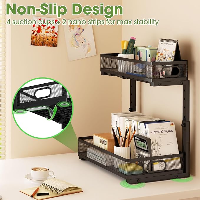 Under Sink Organizer 2-Pack, Metal 2-Tier Pull-Out Cabinet Shelf with Slide-Out Mesh Drawers, Height Adjustable, Space-Saving Under Sink Storage Racks for Kitchen, Bathroom, Laundry Room