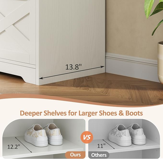 47'' Shoe Cabinet with Bench Seat, 7-Tier Shoe Storage Bench for Entryway with Adjustable Shelves, Hidden Lift Top Storage and 0.7'' Top Panel for Hallway Entrance, White