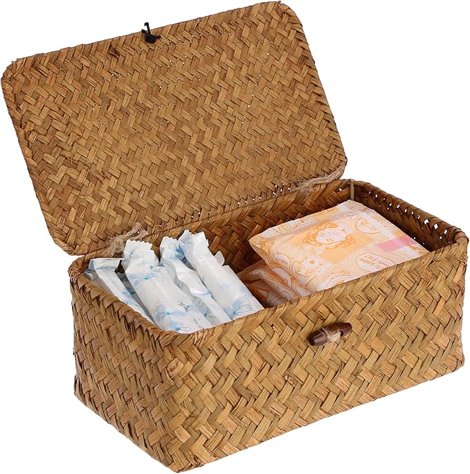 Sumnacon Wicker Basket with Lid Rectangle Woven Baskets for Toiletries Tampon Storage,Wicker Storage Basket with Lid,Decorative Seagrass Storage Baskets for Shelf Bathroom Toilet Table, Caramel