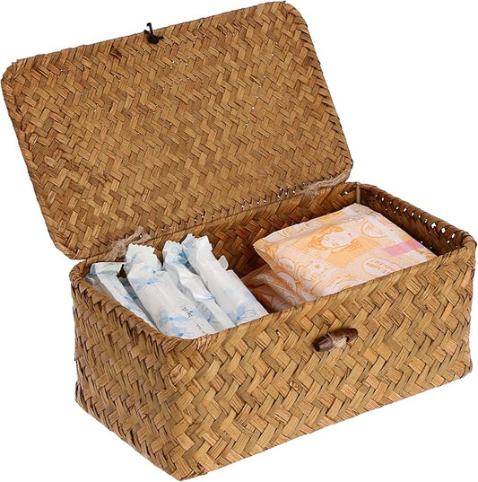 Sumnacon Wicker Basket with Lid Rectangle Woven Baskets for Toiletries Tampon Storage,Wicker Storage Basket with Lid,Decorative Seagrass Storage Baskets for Shelf Bathroom Toilet Table, Caramel