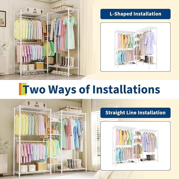Heavy Duty Clothes Rack with Shelves, 71" H Freestanding Closet Organizer System, Large Capacity 3-Unit Metal Garment Rack L-shaped Combo for Hanging Clothes, Bedroom & Laundry Room, 85.4"L x 17.4"W