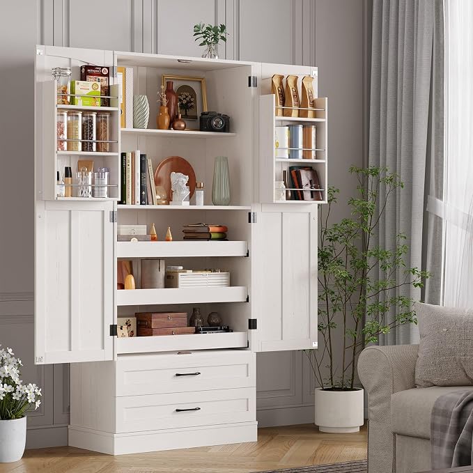 71" Tall Farmhouse Kitchen Pantry Cabinet with 3 Pull Out Shelves & 2 Large Drawers, Pantry Storage Cabinet with 6 Door Shelf & Adjustable Shelf, Freestanding Cupboard for Kitchen, Dining Room