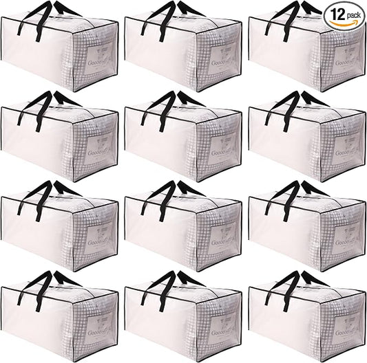 SWEET DOLPHIN 12 Pack Extra Large Moving Bags with Strong Zippers & Carrying Handles, Heavy Duty Storage Tote for Space Saving Moving Storage, Fold Flat, Alternative to Moving Box, Semi-Transparent