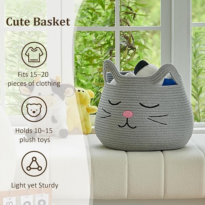 VK VK·LIVING Animal Baskets Large Woven Cotton Rope Storage with Cute Cat Design and Handles, Cat Toy Box Laundry Organizer for Towels, Blanket, Toys, Clothes, Gift for Pet or Baby Baskets 15"D x 14"H