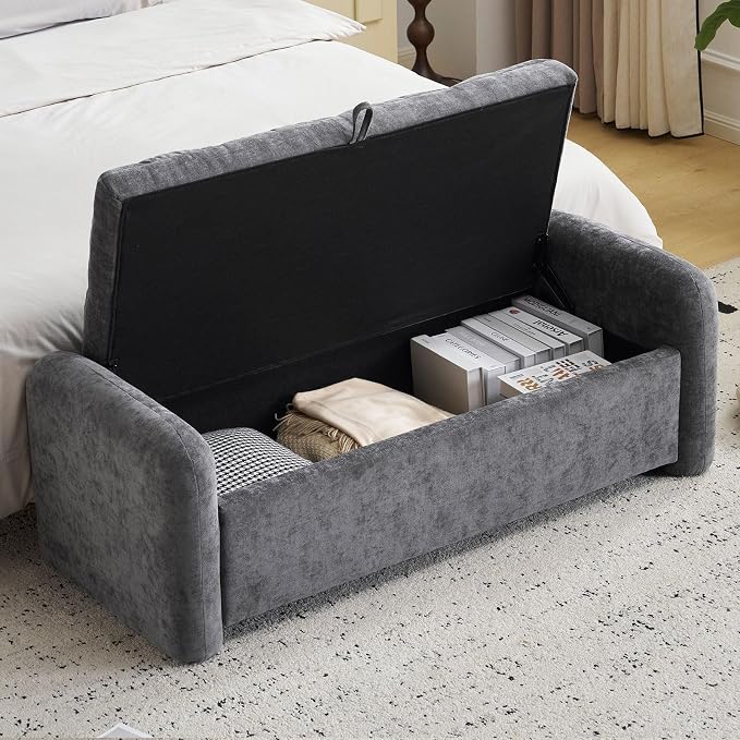 Oversized Chenille Ottoman Bench with Storage, Upholstered End of Bed Bench for Bedroom, Ottoman Foot Rest for Living Room, Dark Grey