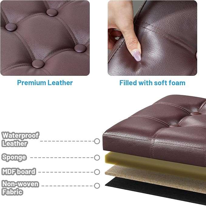 Bsketa Storage Ottoman Bench,17 Inch Folding Leather Foot Rest Stool, Brown | Small Ottoman with Side Pockets, Thicker Foam Padded Seat, Livingroom, Dorm, Bedroom, Easy to install, 43L,17x13x13in