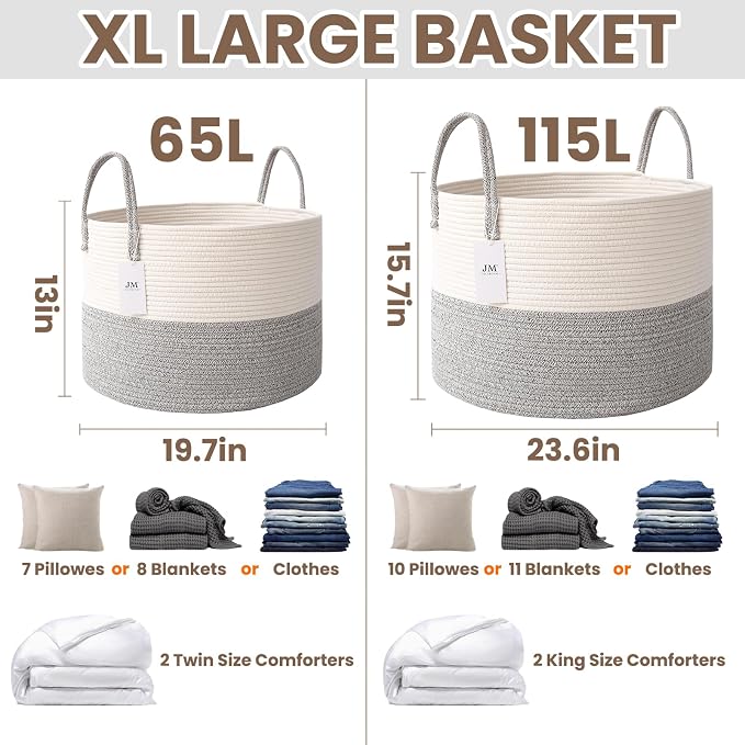 JMvicyroam 115L Extra Large Machine Washable Cotton Rope Blanket Basket | Collapsible laundry hamper, Reinforced handles, For blankets, pillows, toys and clothes, Living room and bedroom, White&Grey