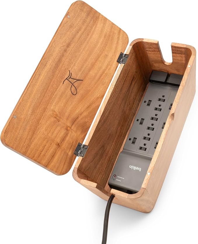 Acacia Cable Management Box - Rustic Design (Natural, Large) | Acacia Wood, Cable Organizer, Rustic Style, Modern Design, Desktop Storage