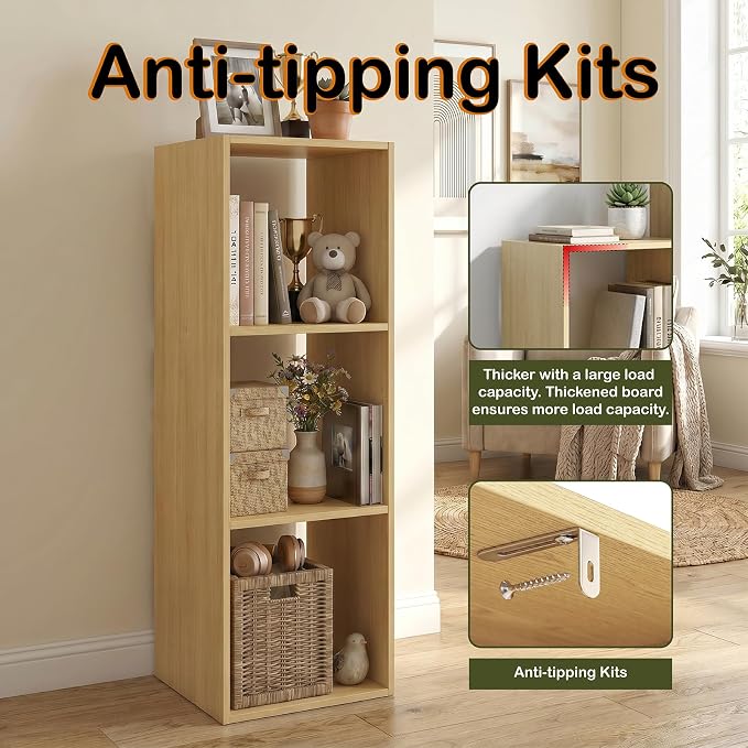 WannabeMyself【Sturdy Build&Easy Assembly】3 Cube Storage Organizer with Anti-Tipping Kits,Reversible Open Back Book Shelf, Bookcase for Living Room,Bedroom,Entrance Hall,Office,12.2×11.4×35.9,Oak Color