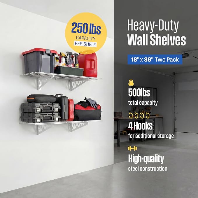 SafeRacks Steel Garage Wall Shelves 2-Pk w/Hooks, 500lb, White (18x36)
