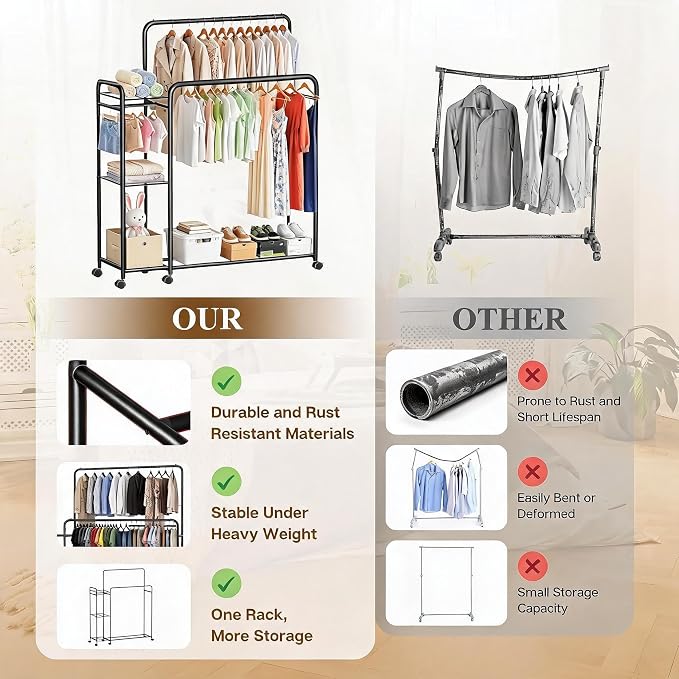 Heavy Duty Clothes Rack with Wheels, Double Rod Clothing Rack with Storage Shelves & Hooks, Rolling Garment Rack and Portable Closet Organizer for Bedroom, Laundry Room, Apartment