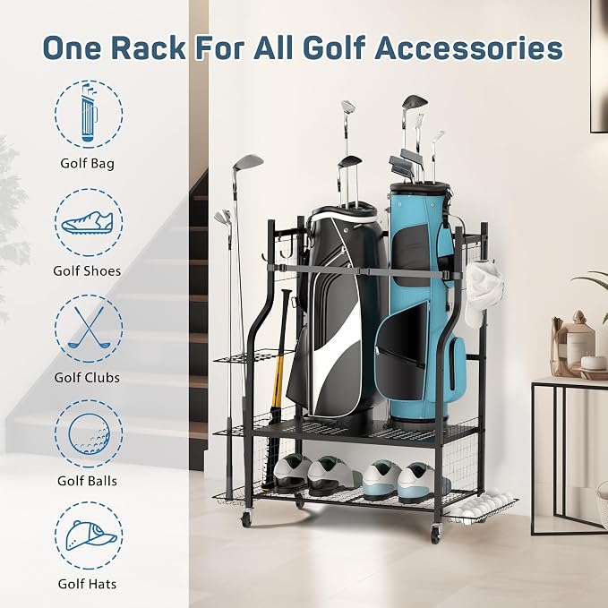 PLKOW Golf Bag Storage Garage Organizer, Extra Large Size Golf Bag Storage Stand and Golf Equipment Rack for Garage,Shed, Basement