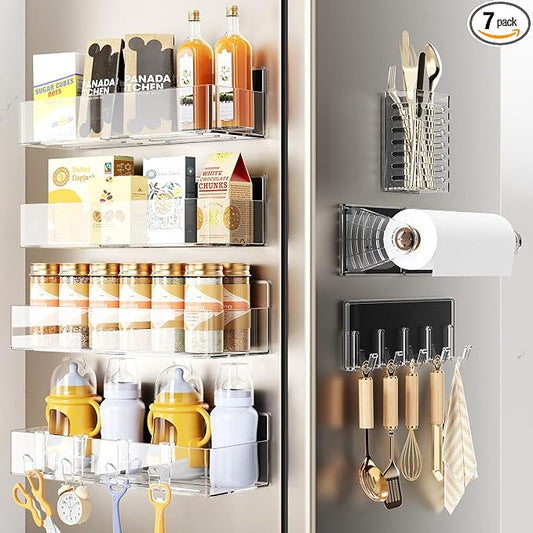 Mystozer Magnetic Spice Rack for Refrigerator,7 Pack Magnetic Shelf,Fridge Magnet Organizer with Paper Towel Holder,Utensils Racks,Hook Rack,Fridge Organizers and Storage Clear(7 Pack)