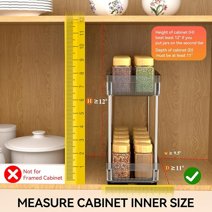 DABIGE 2 Pack Pull Out Spice Rack Organizer for Cabinet, 2 Tier Slide Out Spice Racks Organizer, Spice Cabinet Organizers, Cabinet Size Need:12'' High x 11'' Deep x 5'' Wide, Clear Acrylic