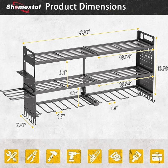 33" W Power Tool Organizer Wall Mount, 3-Layer,10 Drill Holders | Tool Storage Rack, Heavy Duty 300 lb Load Capacity for Garage Workshop, Black, Gift for Men