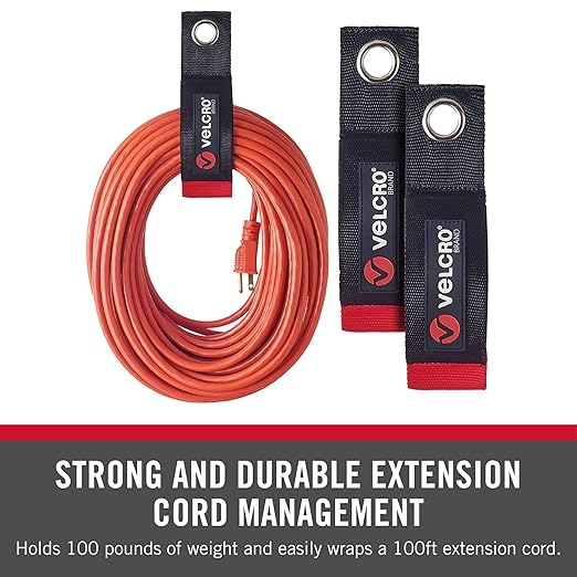 VELCRO Brand EASY HANG Extension Cord Organizer Holder | Large 18" Heavy Duty Straps for Garage Organization and Storage Grommet Hangs Easily on Wall Hooks or Nails 2pk, Holds 100lbs, Black