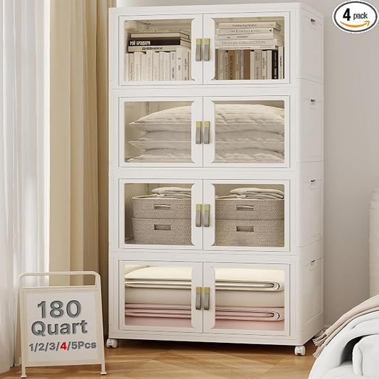 Stackable Storage Bins with Lids, 720QT Extra Large Storage Cabinet | Clear Doors, Foldable Storage Drawers, Heavy Duty, Collapsible Closet Organizers for Bedroom Office (4, White, 180, Quarts)