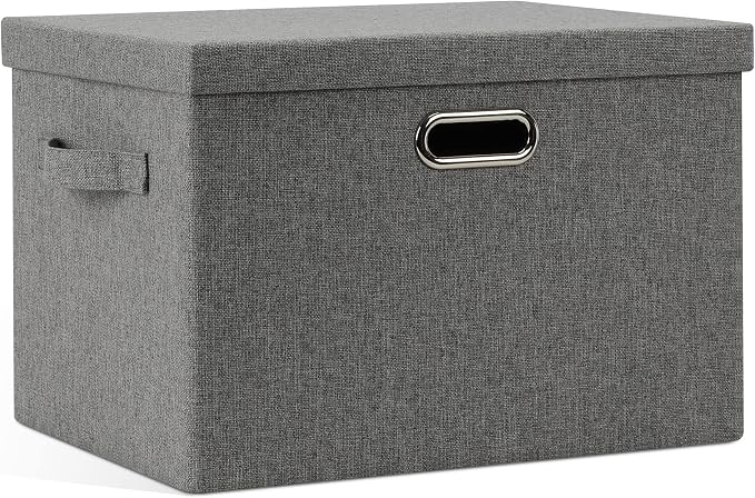 Graciadeco Large 17" 36 Quart Collapsible Stackable Storage Bins with Lids, 1 Pack Grey Foldable Fabric Closet Storage Boxes with Lids, 4 Handles Heavy-duty Linen Cube Baskets for Bedroom | 36 Quart 1 Pack Gray1 Collapsible Stackable Linen Fabric 4 Han...