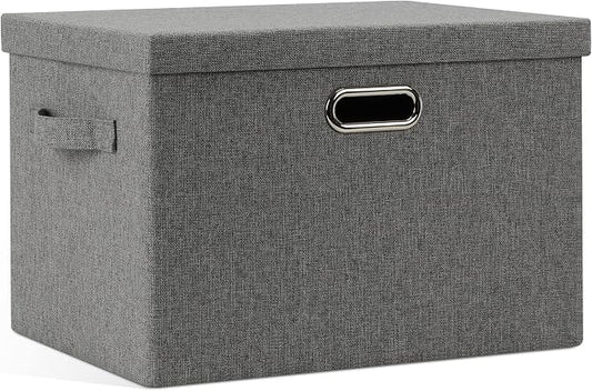 Graciadeco Large 17" 36 Quart Collapsible Stackable Storage Bins with Lids, 1 Pack Grey Foldable Fabric Closet Storage Boxes with Lids, 4 Handles Heavy-duty Linen Cube Baskets for Bedroom | 36 Quart 1 Pack Gray1 Collapsible Stackable Linen Fabric 4 Han...