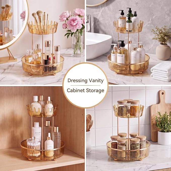 2 Tier Rotating Makeup Organizer for Vanity, Clear Bathroom Counter Organizer, Skincare Organizer and Perfume Organizer, Countertop Cosmetic Storage for Cabinet, Pantry and Kitchen (Gold)