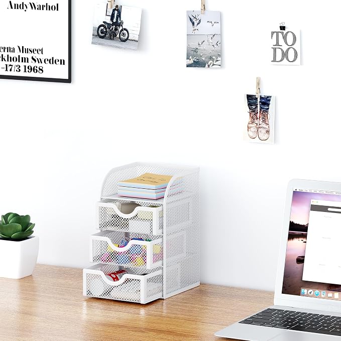 EasyPAG Mesh Desk Organizer with 3 Drawer Office Desktop Organizers and Accessories Stationery Caddy for Office, Home, Students, White