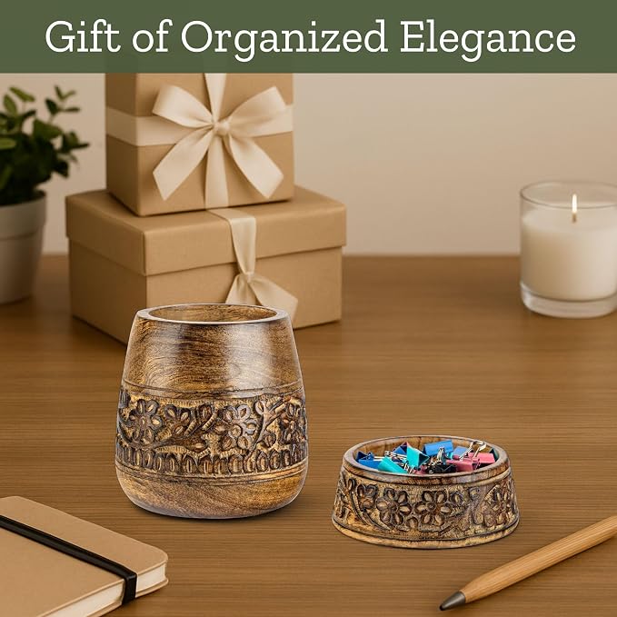Mie Creations Wooden Desk Organizer Set of 2 Pen Holder, Paper Clip Storage, Office Desktop Table Decor, Floral Rustic Wood Pencil Cup & Paperclips Dispenser, Aesthetic Desk Accessories For Women, Men