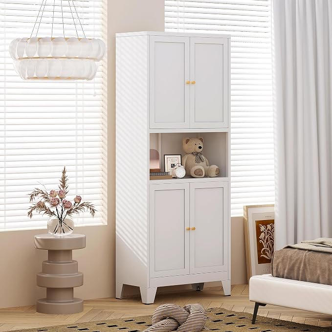 69" H Kitchen Hutch Cabinet with Storage,White Metal Storage Cabinet,Microwave Cabinet,Kitchen Pantry Cabinet with Countertop