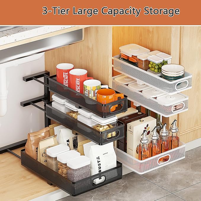 Under Sink Organizer, 3-tier Under Sink Storage Organizer Adjustable Height Easy Assembly Pull Out Cabinet Organizers Basket for Bathroom Kitchen Pantry Home Organization