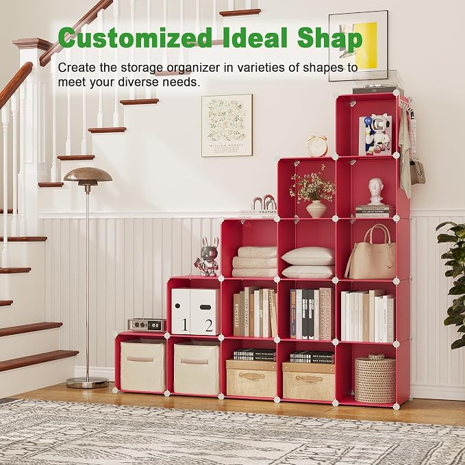 C&AHOME 16 Cube Storage Organizer Cube Shelves Units Storage Cubes, Red | Plastic DIY Closet Organizer, Stackble Modular Closet Storage Shelves Ideal for Home, Bedroom, 48.4" L × 12.4" W × 48.4" H