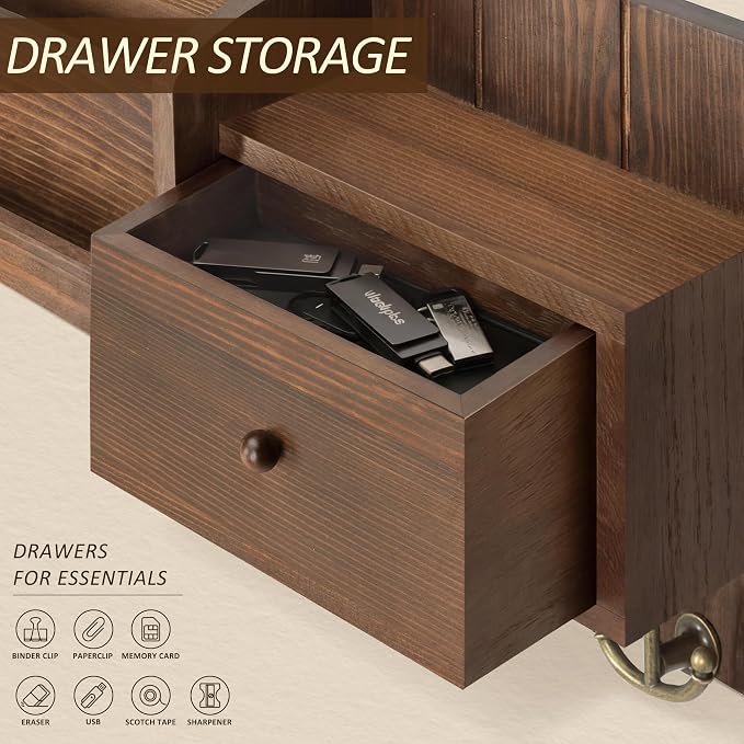 Rebee Vision Pine Wood Key Holder Wall Mount with Mail Sorter, Retro Brown | Mail and Key Organizer for Wall, 7 Key Hooks, Drawer Organizer, Store Envelopes, Mail Organizer for Wall, Ideal for Entryway