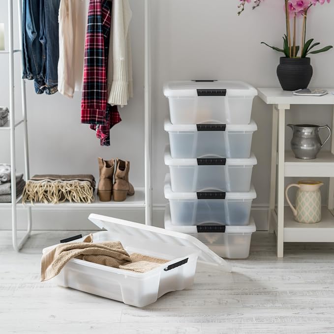IRIS USA 6-Pack 27 Quart Storage Bins with Lids, Pearl | Conceals contents for a clean look. Great for linens, décor, closet storage, and supplies. Nestable design saves space