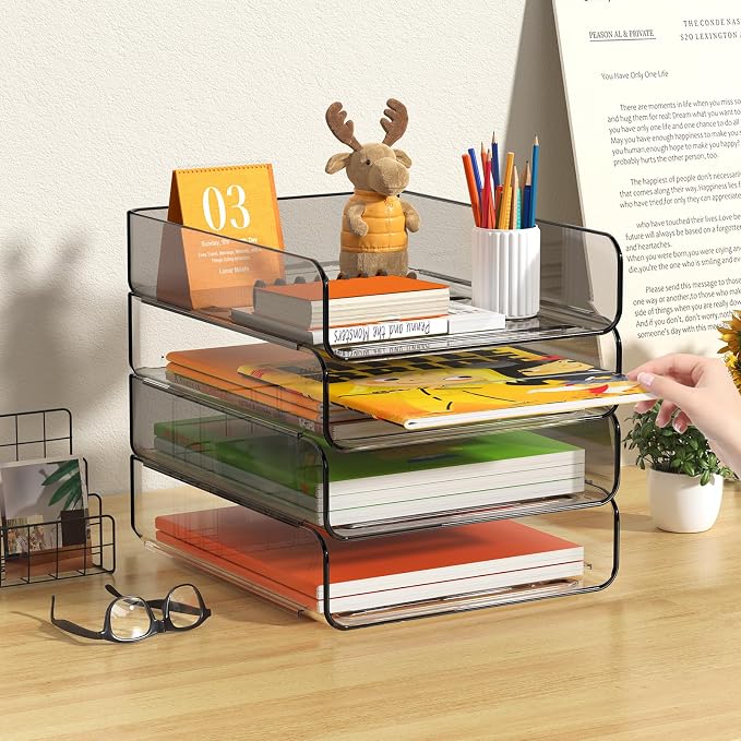 FANXIYQ 4-Tier Acrylic Paper Tray Organizer, 2-Tone Office Paper Organizer | Stackable, Tool-Free Design with 2-4 Tiers for A4 Paper, Files, Books and Mail; Ideal for School, Home Office and Study Room
