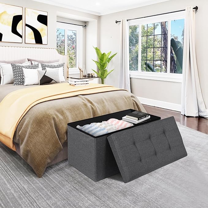 ZenStyle 30Inches Storage Ottoman Bench, Folding Footrest Padded Seat, Storage Chest Long Shoes Bench with Divider, Holds up to 660 lbs, for Living Room, Entryway, Bedroom, Dark Gray