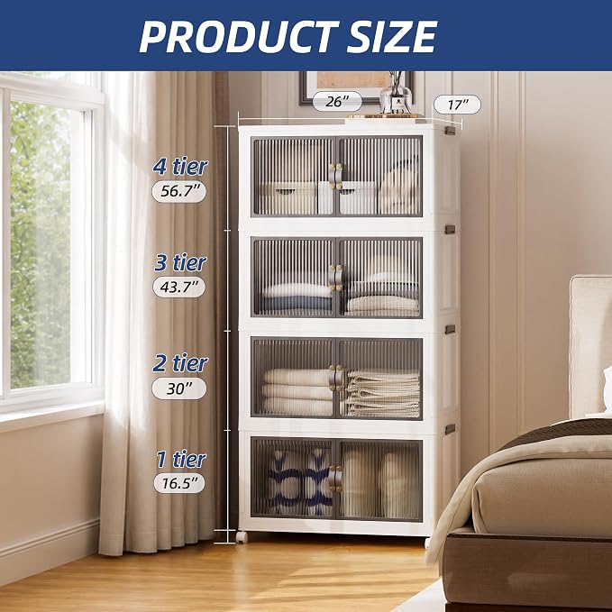 SAILUN 116Gal/464Qt Stackable Storage Bins Folding Collapsible Storage Bins with a Lid, Closet Organizers and Storage,White 26" W x 17" D x 56.7" H