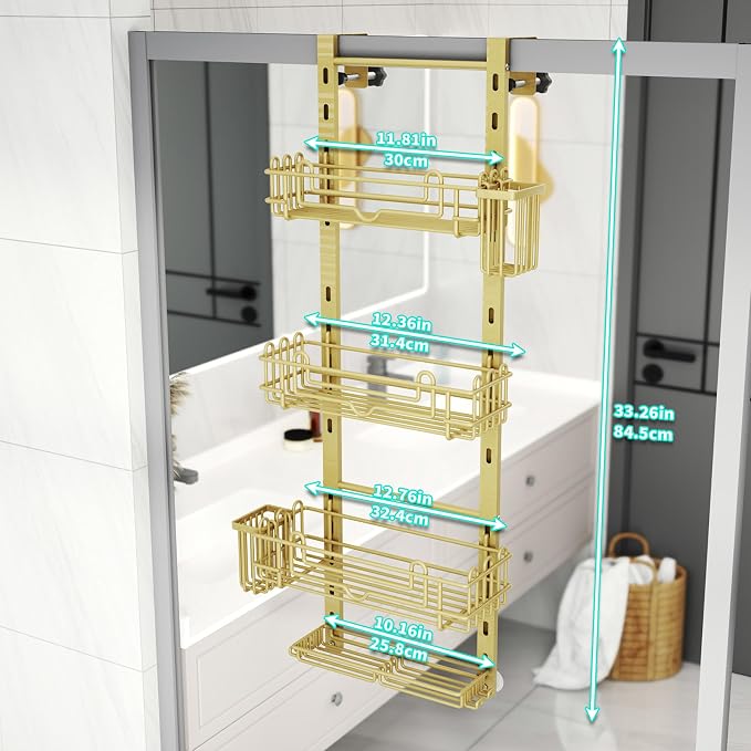 HapiRm Hanging Shower Caddy Organizer - Shower Shelf with 22 Hooks and 2 Toothbrush Holders, No Drilling Adjustable Hanging Bathroom Organizer - Gold
