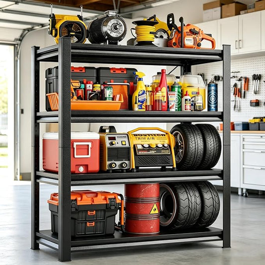 46''W Garage Shelving Heavy Duty Metal Storage Shelves Series, Large Industrial 4tier Shelving Unit for Basement, Business, Factories, Commercial, Warehouse and Workshop (54''Hx46''Wx20''D, Black)