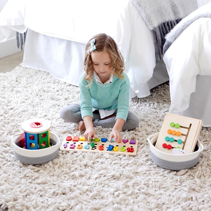 5-Piece Round Woven Cotton Rope Storage Baskets for Organizing, Small Shallow Nesting Set for Montessori Toys, Entryway Catchall, Fruit Bowl, Key Tray, Remote Holder, Nursery & Pet Toys