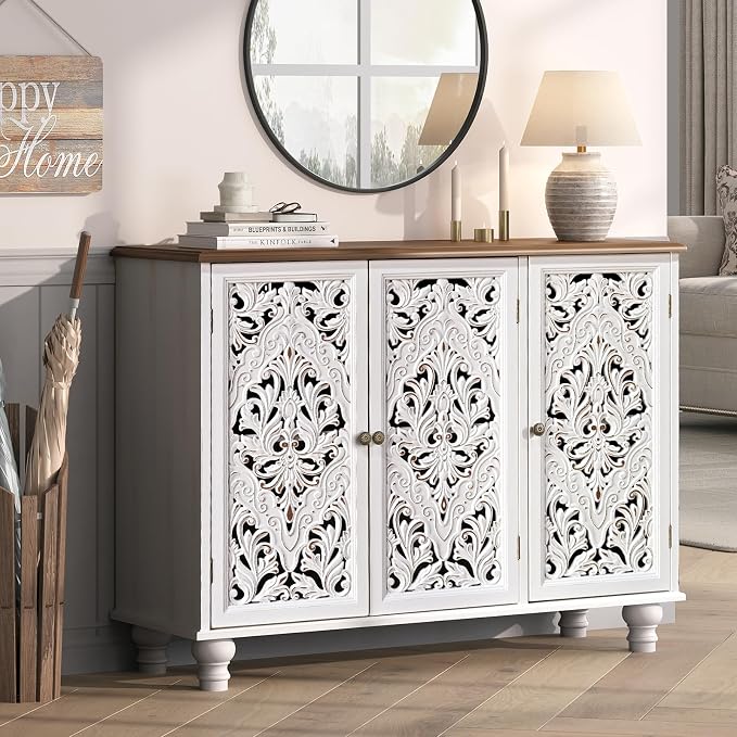 JOINICE 42.5" Accent Storage Cabinet with 3 Carved Doors,Mandala White | Versatile Storage for Living Room & Dining Room & Bedroom & TV Stand, Solid Wood Legs, Boho/Farmhouse/Rustic, Easy Assembly