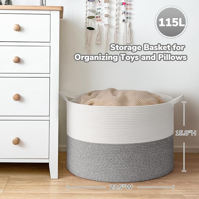 Goodpick Extra Large Woven Blanket Basket Living Room, Toy Bin,115L | 23.5 x 23.5 x 15.8 In Toy Storage Basket for Nursery, Blanket Basket for Living room, Laundry Basket, Light & Grey