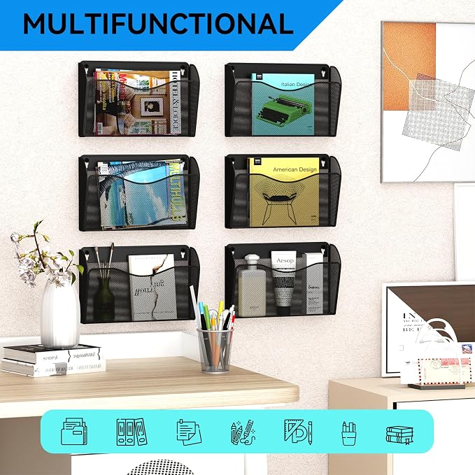 Single Pocket Wall File Holder, Mesh Hanging File Folder Paper Organizer, Vertical Wall Mounted Mail Basket, Storage Organization Magazine Rack for Office, Home and School, Black